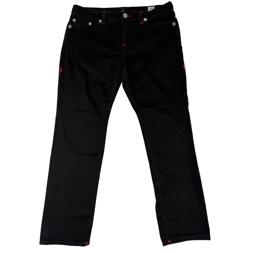 True Religion Ricky Relaxed Straight Jeans Mens 38 Black Red Contrast Stitching